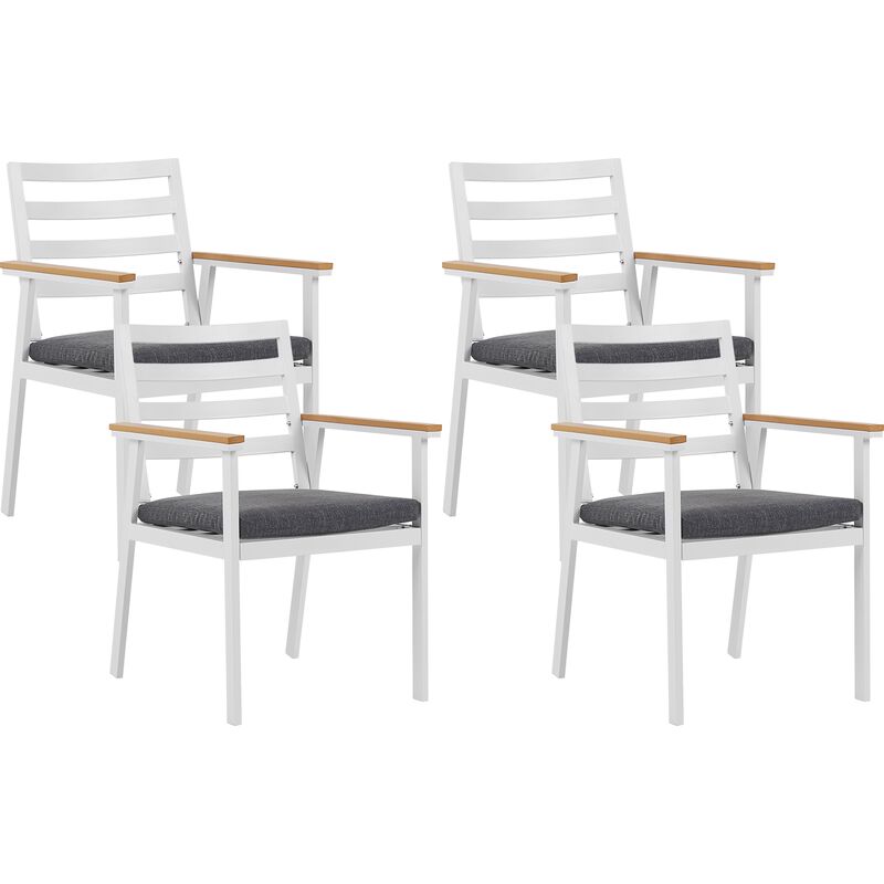 lot 4 chaises de jardin en aluminium blanc avec coussins gris et accoudoirs effet bois parfaites pour 4 personnes et extérieur scandinave beliani