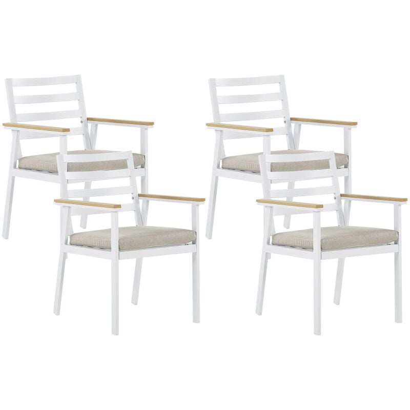 Lot 4 Chaises de Jardin en Aluminium Blanc avec Coussins Beigeet Accoudoirs Effet Bois Parfaites pour 4 Personnes et Extérieur Scandinave