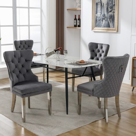 4 chaises de salle à manger velours grise - Rembourrage clouté - Pieds métal - Dossier avec heurtoir - Cuisine/salon