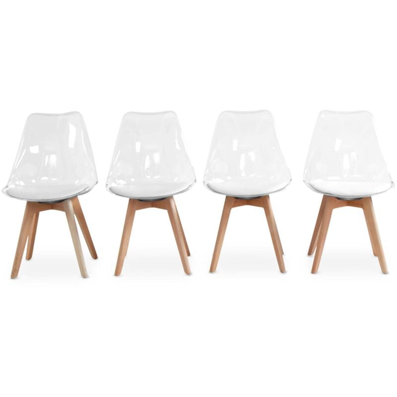 Lot de 4 chaises scandinaves - Lagertha - pieds bois. fauteuils 1 place. coussin blanc. coque transparente