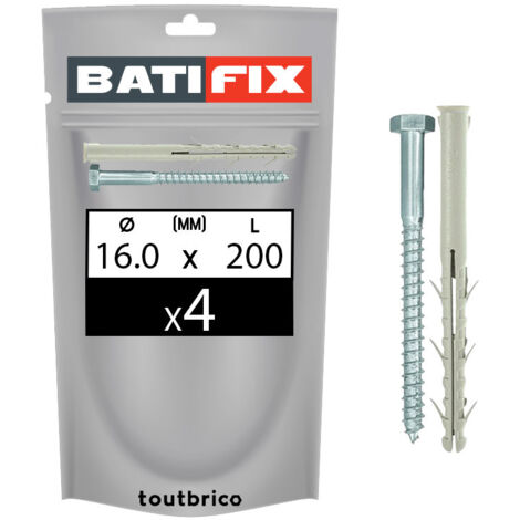 4 chevilles charpente 16x200mm nylon + tirefond Batifix