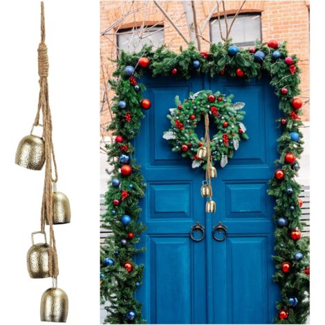 4 cloches Noël métal vintage or + corde jute – décoration arbre Noël, guirlande