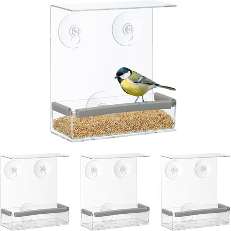 4 Comederos Pájaros Rectangulares Acrílico, Alimentador Aves, para la Ventana, 16,5 x 15 x 7,5 cm, Transparente