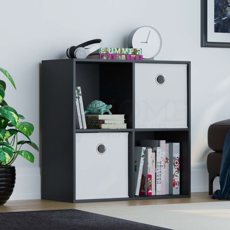 Durham 4 Cube Bookcase Shelf Wooden Display Storage Rack Free Standing Shelf Unit, Black-2-White-Baskets