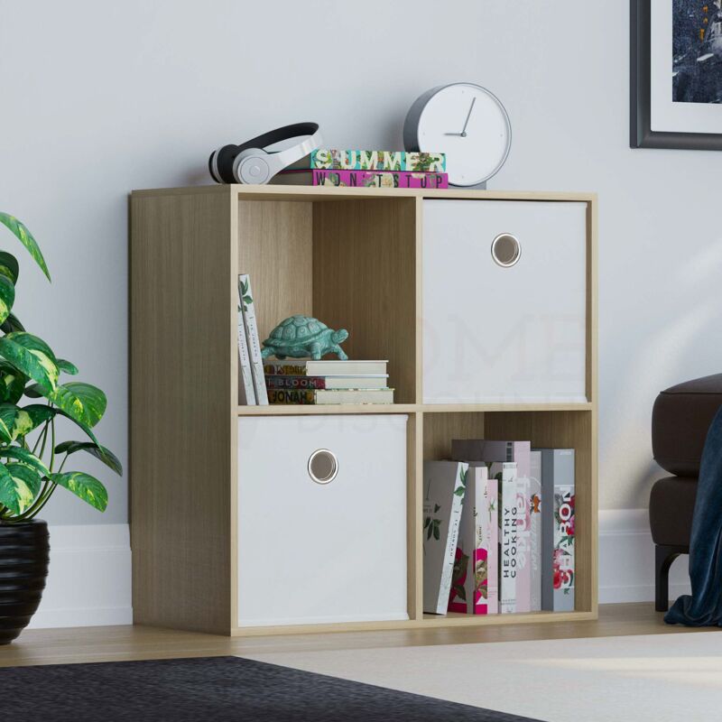 Durham 4 Cube Bookcase Shelf Wooden Display Storage Rack Free Standing Shelf Unit, Oak-2-White-Baskets