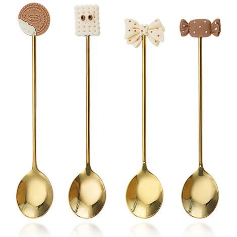 4 Cuillères Café Mignonnes à Long Manche Doré - 5.5" Cuillères à Thé en Acier Inoxydable, Idéales pour Desserts et Accessoires de Table