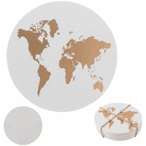 4 dessous de verres Blanc et Or Mappemonde
