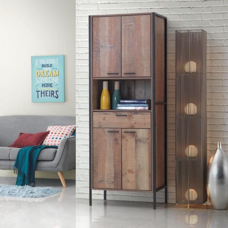 4 Door Rustic Oak Display Storage Cabinet With Black Metal Frame Wood Modern Shelves