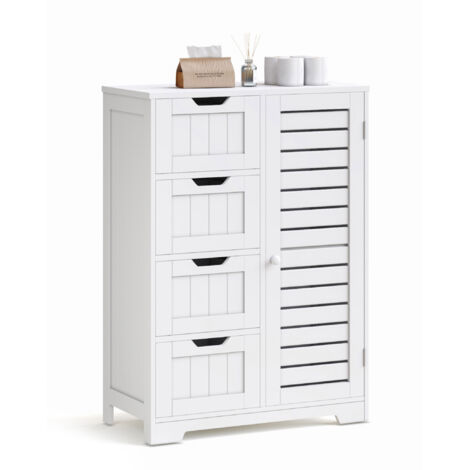 4-Drawer Bathroom Floor Cabinet with Louver Door, Space-Saving Freestanding Storage Unit,for Bathroom Living Room Kitchen Hallway, 60 x 30 x 85 cm, White, Mondeer