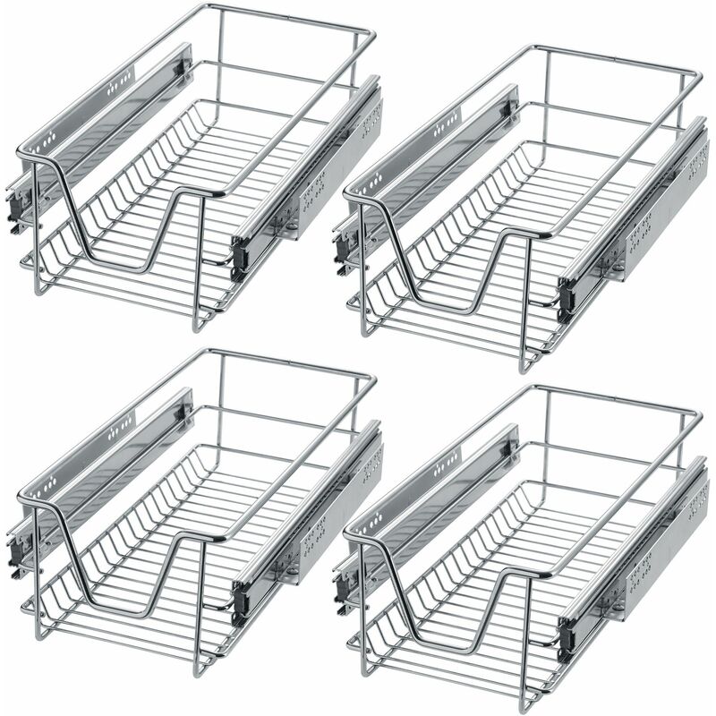 4 Sliding wire baskets with drawer slides - sliding wire baskets, drawer slides, kitchen drawer runners - 27 cm - grey