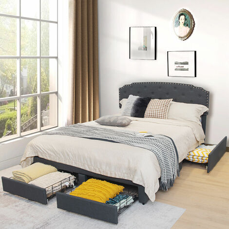 4 Drawers King Size Bed Frame 5FT Upholstered Platform Bed Adjustable Headboard