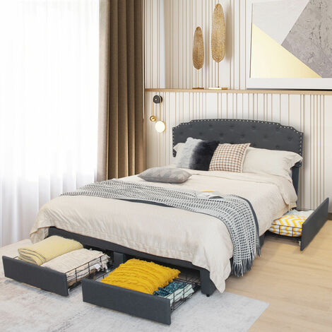 4 Drawers King Size Bed Frame 5FT Upholstered Platform Bed Adjustable Headboard