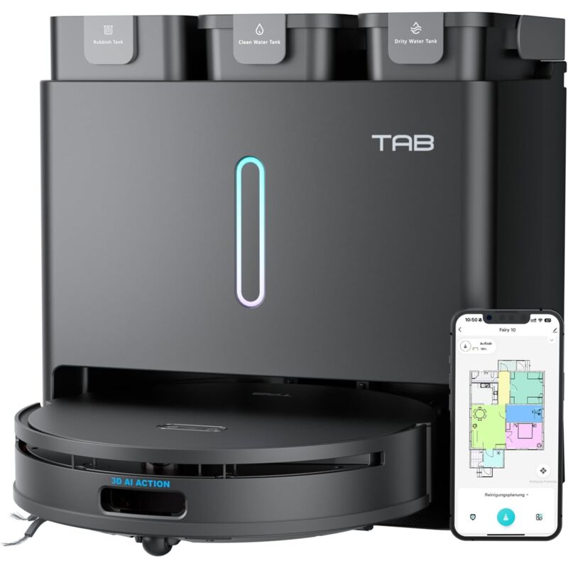 TAB - 4 en 1 Automatique intelligent Aspirateur Robot, Robot Aspirateur avec Laveur à levage automatique,Navigation lidar intégrée, évitement