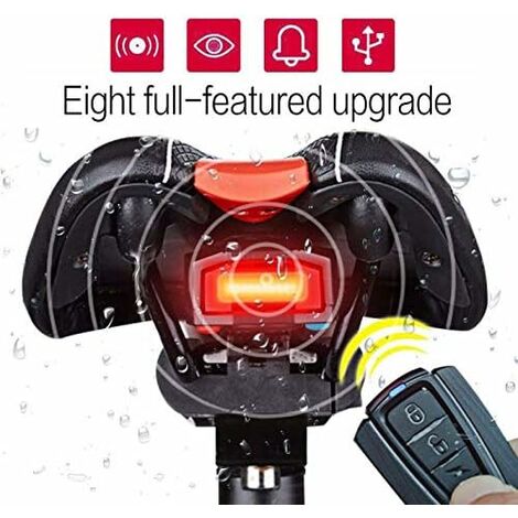 4 en 1 Feu arrière Vélo Eclairage LED VTT Ultra Lumineux & Alarme Antivol Haute qualité avec télécommande, Facile à Installer/Résistant à l’Eau, Rechargeable USB