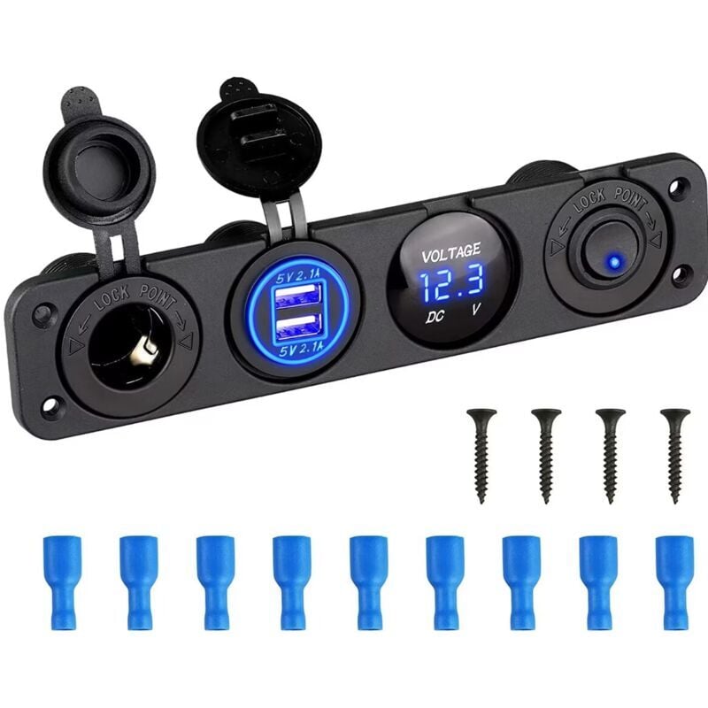 Forehill - 4 en 1 Marine Switch Panel, 12V 4.2A Dual usb Socket Chargeur Prise de Courant et led Voltmètre et Allume-cigares