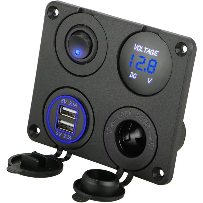 4 en 1 Panneau de Prise de Chargeur, 12V 4.2A Double Prise de Chargeur usb Prise de Courant & Voltmètre à led - bleu