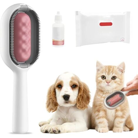 4 en 1 Peigne Epilation pour Animaux Compagnie, Brosse chien avec réservoir d'eau, Brosse chat avec lingettes humides, Brosse poils animaux, pour massage, soin et retrait des poils (Poil long/rose)