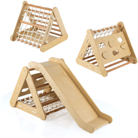 4 en 1 Triangle d'escalade Enfant avec Toboggan, Echelle d'escalade en Bois avec Filet, Inclinaison Réglable, Charge 50kg pour Enfant 1 An+, Marron
