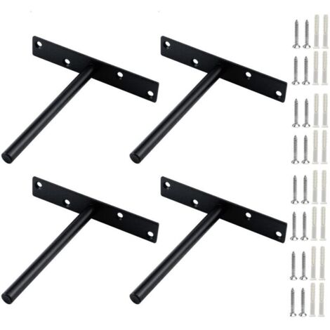 4 ensembles Support Étagère Invisible T Forme Équerres Fixation Murale Robustes pour Meuble Bibliothèque Cuisine Charge Lourde Acier Noir Durable
