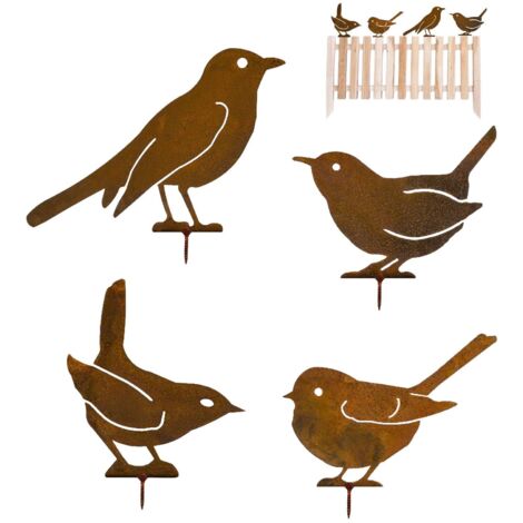 4 estacas de metal oxidado para jardín, adornos para árboles con forma de pájaro, reutilizables, arte para el patio, decoración para exteriores