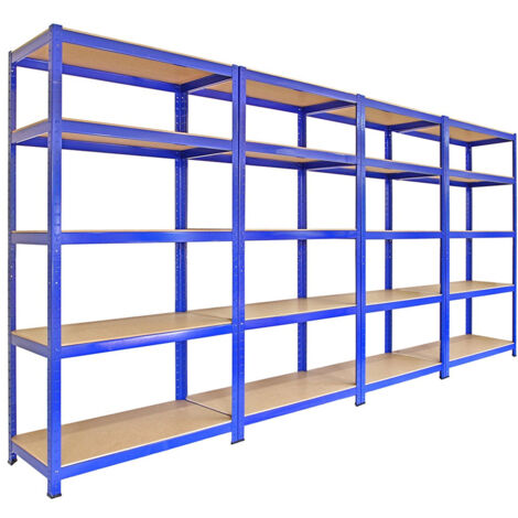 4 Estanterías de almacenamiento azules con conectores de bahía y mazo gratuitos  90x45x180cm  Capacidad de peso: 280kg x estante   Acero  Fácil de montar sin necesidad de tornillos