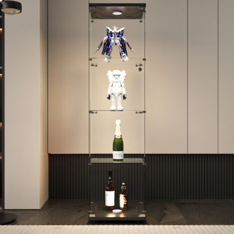 4 Étagères Vitrine Verre Trempé, Vitrine d'Exposition pour Salon, Bureau et Cuisine, Éclairage LED réglable, Serrure, Simple porte, Base noir, 42.5x36.5x164 cm
