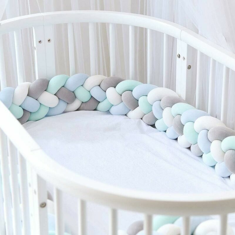 4 Fabric Baby Crib Bumper Braided Snake Cushion Bumper Velvet Crib Protector Bumper Newborn Nursery Crib Bedroom Decor with, Gray+White+Green+Blue,
