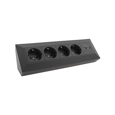 4-fach Steckdosenblock + 2x USB, schwarz, Aufbaumontage