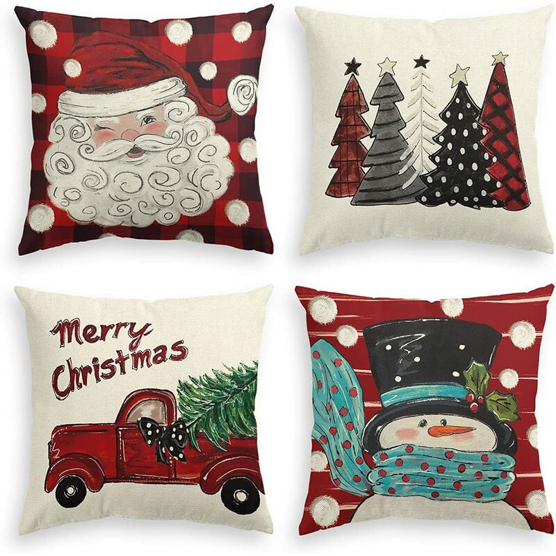 

4 Feliz Navidad Acuarela Buffalo Plaid Papá Noel Muñeco de nieve Funda de cojín para camión, 18 x 18 pulgadas Funda de cojín de vacaciones de