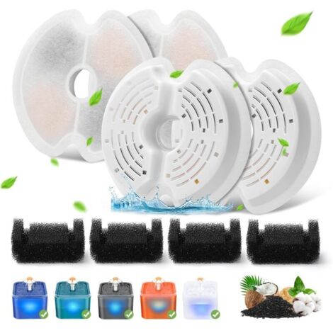 4 filtres à charbon actif et 4 filtres en mousse pour abreuvoirs pour chiens et chats de 2 litres