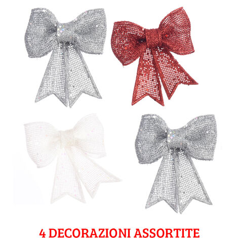 4 FIOCCHI IN TESSUTO GLITTER 2X11.5X13 CM COLORI ASSORTITI ADDOBBI REGALI NATALIZI