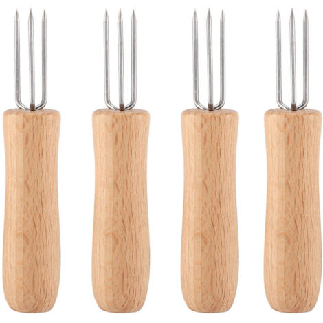 4 Fourchettes en Acier Inoxydable avec Manche en Bois pour Barbecue et Fruits