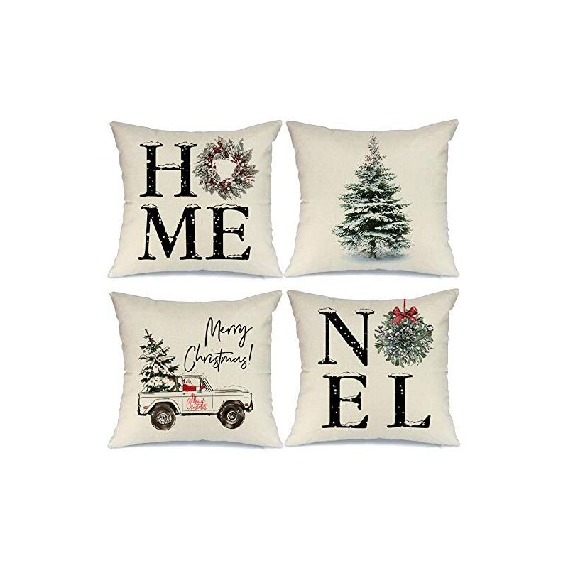 

4 Fundas de almohada con decoración navideña 18x18 Casa navideña Camión Árbol de navidad rústico Vacaciones de invierno Cojines de granja Decoración