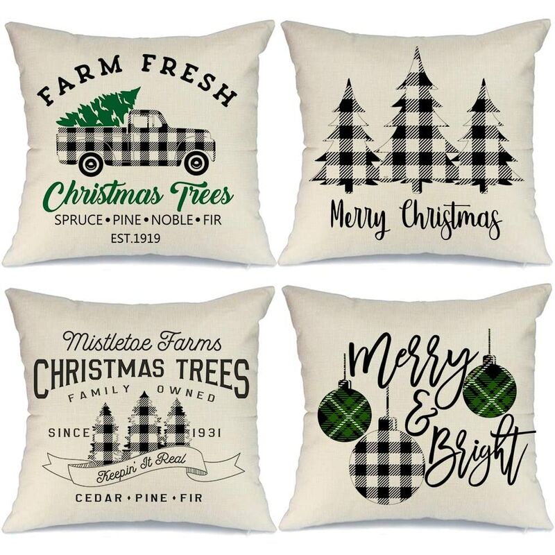 

4 fundas de almohada de decoración navideña de 18 x 18, árbol de cuadros de búfalo brillante para boda, cojines de Navidad rústicos, vacaciones de