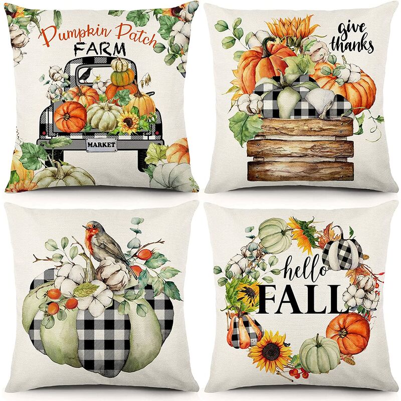 

4 fundas de almohada de otoño de 18 x 18 pulgadas, decoración de otoño, tema de acción de gracias, calabaza de otoño, casa de campo, decoración de