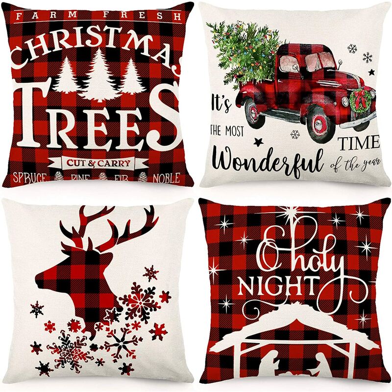 

4 fundas de almohada navideñas 18x18 Decoraciones navideñas negras y rojas Buffalo Plaid Funda de almohada navideña para exteriores Funda de cojín de