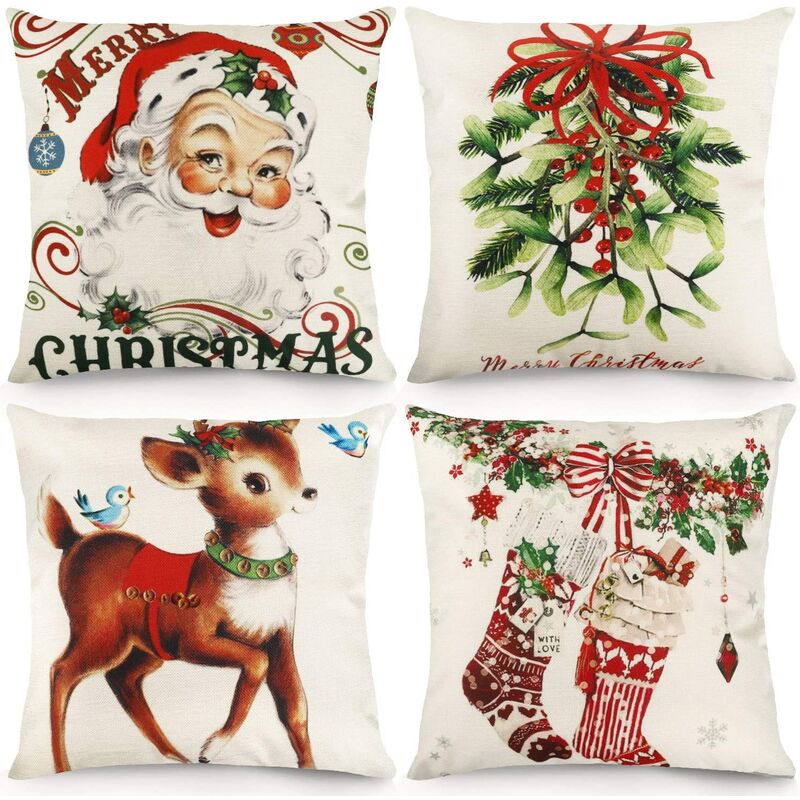 

4 fundas de almohada navideñas 18x18 Vintage Farmhouse exterior decorativo funda de almohada navideña Decoraciones Funda de cojín de lino de algodón