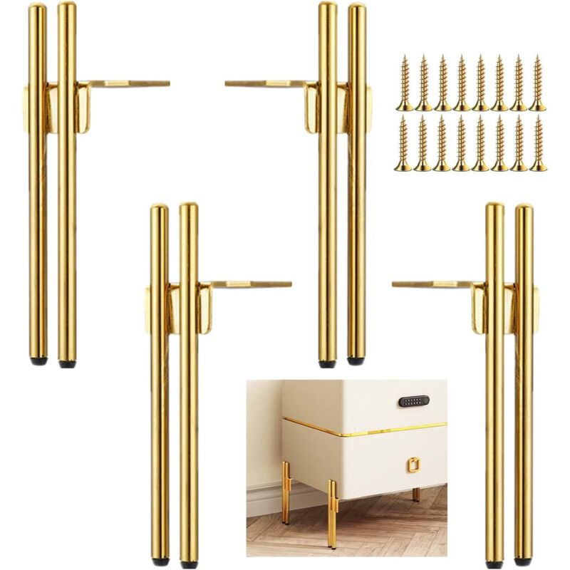 4 Furniture Legs Gold Metal Design, Replacement Sofa Legs Chic Elegant Legs for Coffee Table 15 cm TV Cabinet, Bathroom Cabinet, Floor