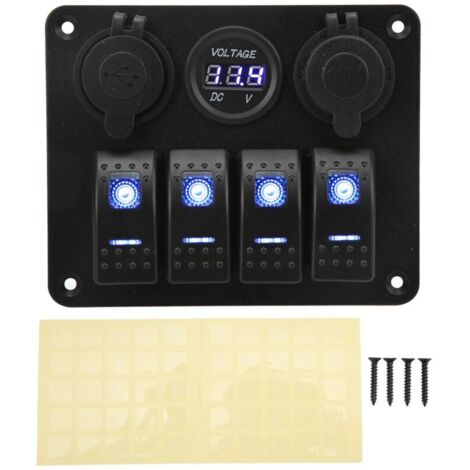 4-Gang Rocker Switch Panel with USB Cigarette Lighter Socket for Campervan, Boat, Yacht