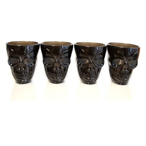 4 Halloween Black Shot Glasses with Spooky 3D Skull Shape