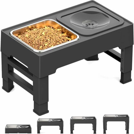 4 Height Raised Dog Bowls, Elevated Stand with 1.6L Stainless Steel Food Bowl and 1.1L Splash-Proof Dog Water Bowl for Medium and Large Dogs - Black