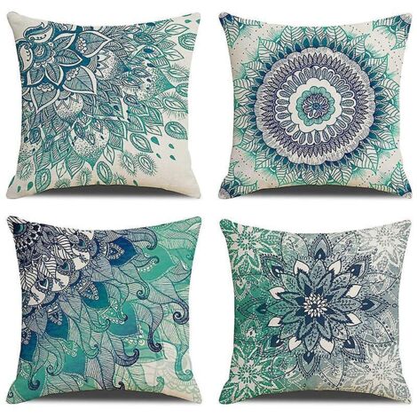 4 Housses De Coussin Bleu Clair Avec Des Fleurs De 45cm X 45cm (18 X 18 Pouces), Taies D'oreiller Bleu Paon Peintes  La Main, Un Lot De 4 Taies D'