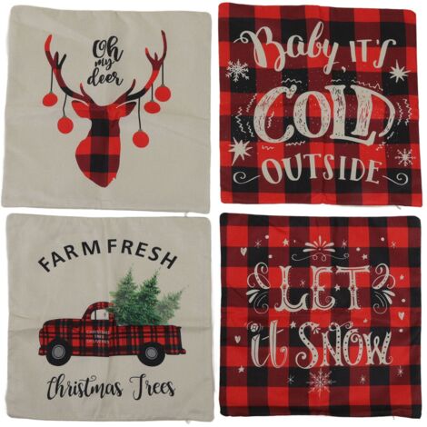 4 housses de coussin Noël 45x45cm en lin doux, motifs cerf, flocon et bonhomme de neige pour canapé salon
