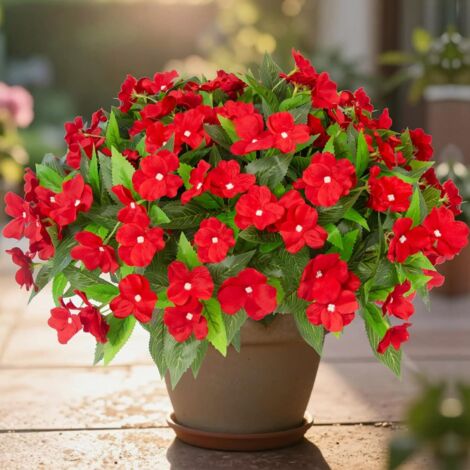 4 Impatiens Artificielles Extérieures – Rouge, Plantes en Soie UV, Idéal Jardin, Balcon et Terrasse