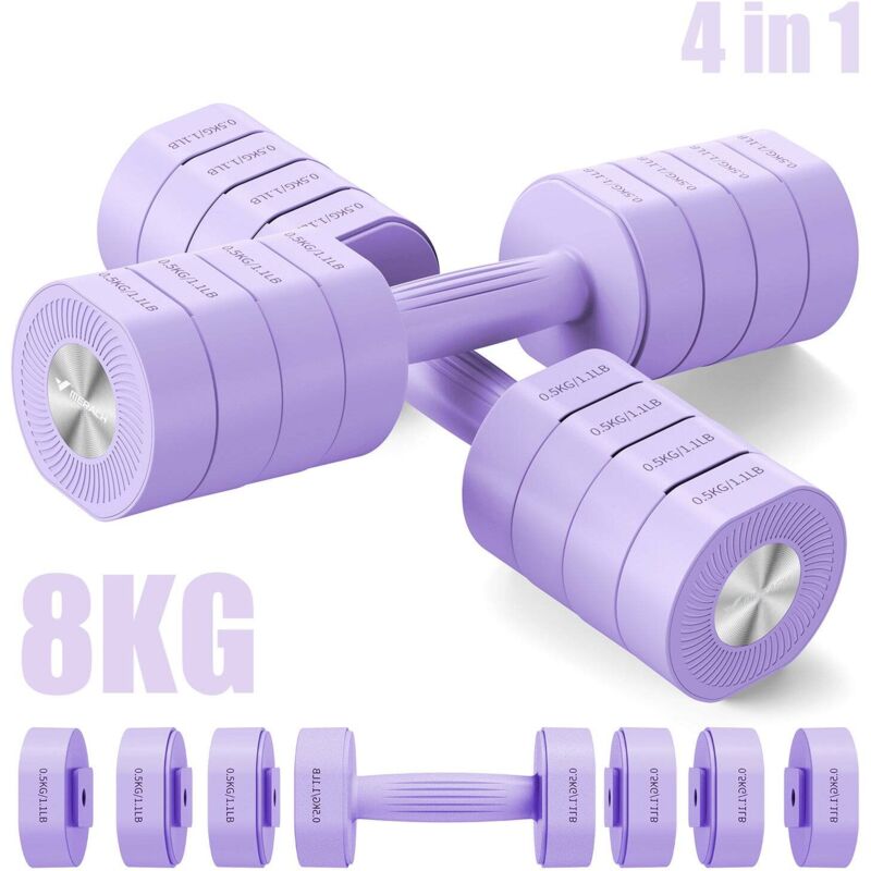 4-in-1 Adjustable Dumbbell - Merach, Set Of 2 Weights From 1 To 8kg, Home Or Gym, For Men And Women, Purple
