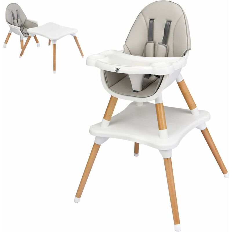 4 in 1 Convertible High Chair, Multi-Functional Dining Highchair with Adjustable Legs, Detachable 4-Position Tray, 5-Point Seat Belt, Wooden Feeding