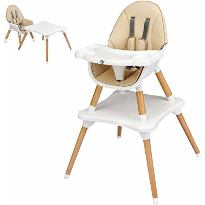 4 in 1 Convertible High Chair, Multi-Functional Dining Highchair with Adjustable Legs, Detachable 4-Position Tray, 5-Point Seat Belt, Wooden Feeding
