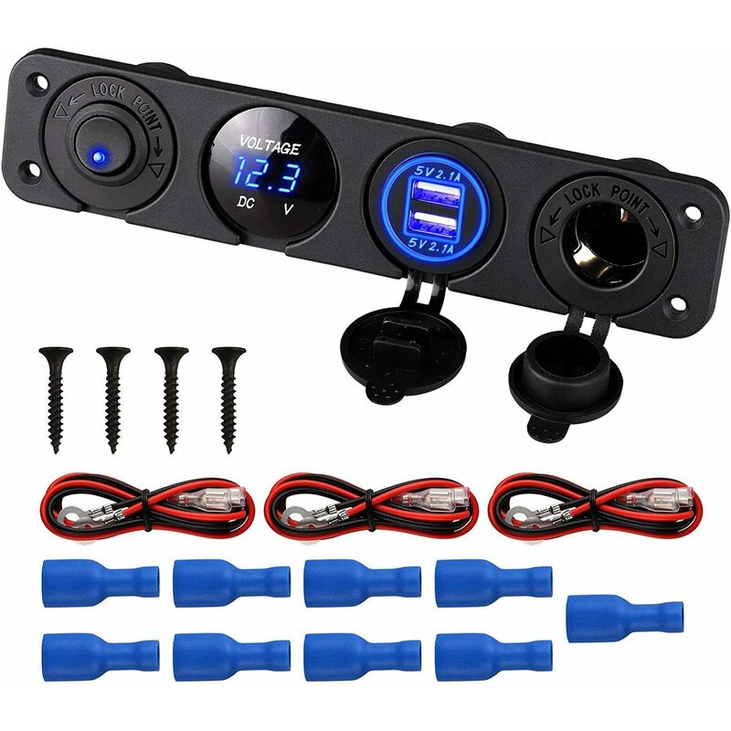 4 in 1 Marine Switch Panel, 12V 4.2A Dual USB Socket Charger Power Socket and LED Voltmeter and Cigar Lighter - Soekavia