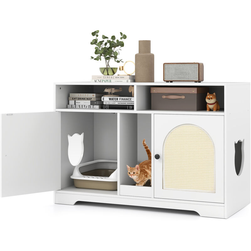 4 in 1 Meuble Litiere Chat, Cache Litiere Chat Double Portes, 2 Compartiments, Planche et 2 Tapis à Griffer en Sisal, 2 Trous Latéraux, Blanc