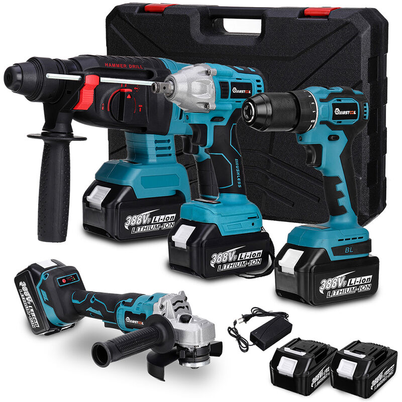 Insma - Set de 4 Clé électrique + Meuleuse d'angle + Perceuse électrique + Perforateur électrique 2 batteries Fantablau